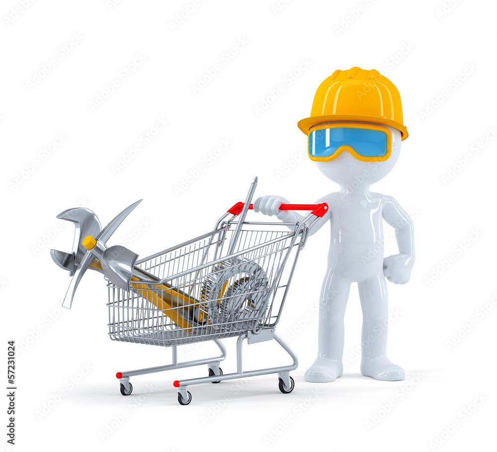 Wall mural worker/builder with cart full of construction tools