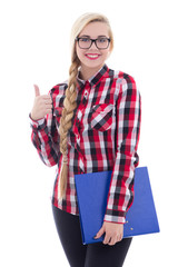 beautiful girl in eyeglasses with book in her hand thumbs up iso