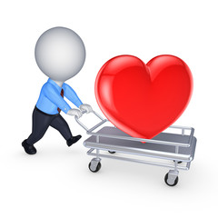 3d person with red heart on pushcart.