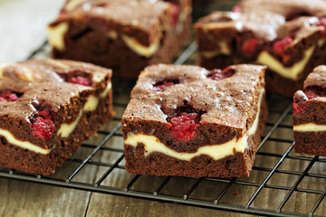 Cheesecake brownies with raspberry on a cooling rack close up