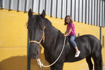 Niña a lomos de un frisón