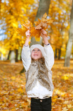 Little girl playing with fallen autumn leaves.