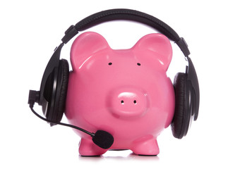 Piggy bank wearing bluetooth headset