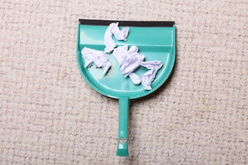 Cleaning. Green dustpan with garbage, housework