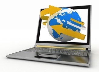 Laptop with earth and arrow. Internet concept