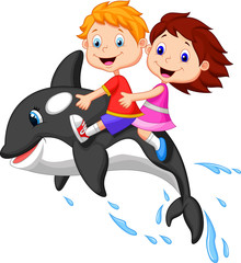 Boy and girl riding orca © tigatelu