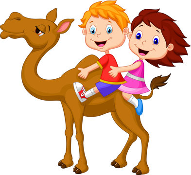 Boy and girl riding camel