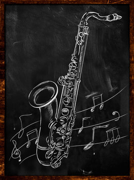 Saxophone drawing sketching on blackboard