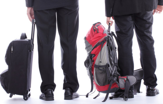 Backpack businessman talk with partner