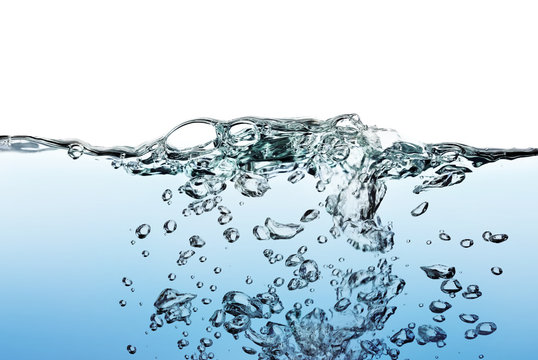 A splash of water,drops and bubbles on a white background.