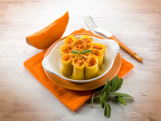 paccheri with pumpkin and mozzarella