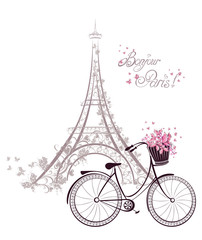Obraz premium Bonjour Paris tekst z Wieżą Eiffla i rowerem