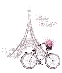 Stickers meubles Doodle Texte Bonjour Paris avec Tour Eiffel et vélo