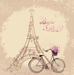 Afwasbaar Fotobehang Doodle Romantische ansichtkaart uit Parijs. Eiffeltoren en fiets