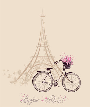 Romantic postcard from Paris. Eiffel Tower and bicycle