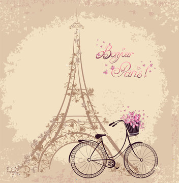 Romantic postcard from Paris. Eiffel Tower and bicycle