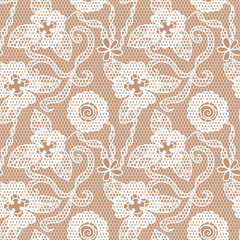 Lace white seamless pattern with flowers on beige background