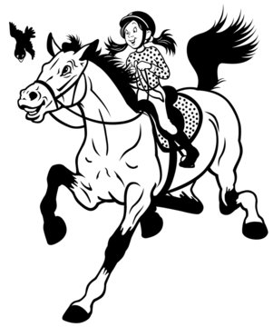 cartoon girl with horse black white