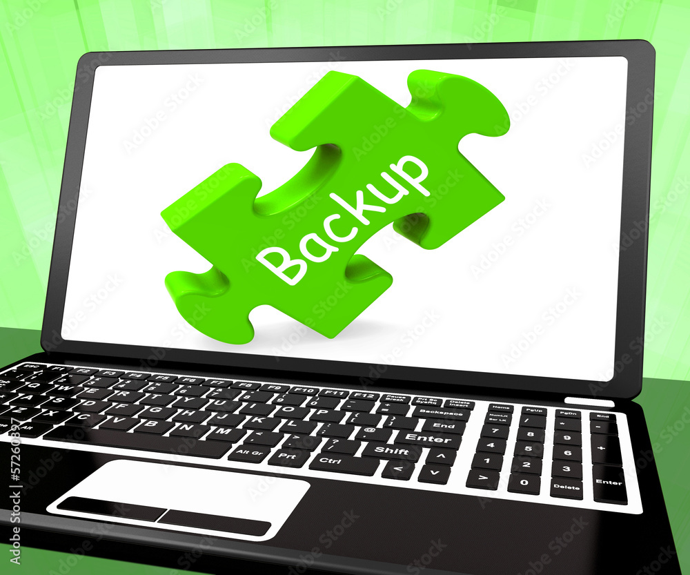 Poster backup laptop shows data archiving back up and storage