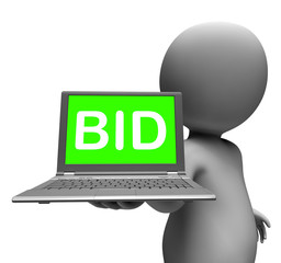 Bid Laptop Character Shows Bids Bidding Or Auction Online