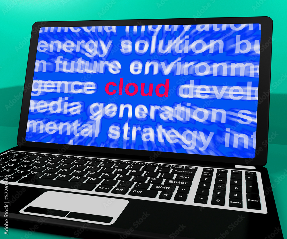 Poster cloud on laptop shows networking resources or network