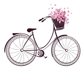 Bicycle with a basket full of flowers and butterflies