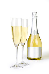 Champagne bottle and pair of flutes with clipping path
