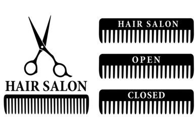 open and closed hair salon sign with scissors and comb
