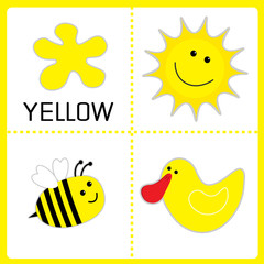 Learning yellow color. Sun, bee and duck. Educational cards for