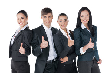 Successful business people with thumbs up and smiling
