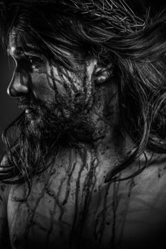 Jesus Christ calvary, man bleeding, representation of passion wi