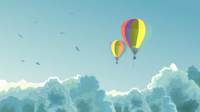 Two air balloons in the sky with clouds.
