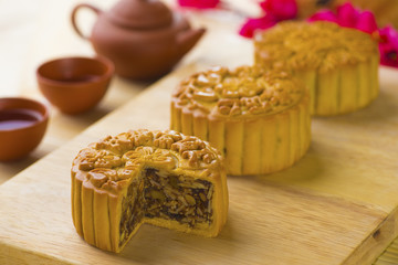 Mooncake and tea,Chinese mid autumn festival food.
