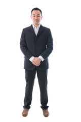 Full body portrait of happy asian business man. Isolated on whit