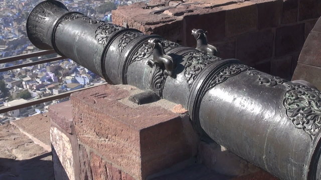 historical ornate cannon in Rajasthan blue city Jodhpur fort