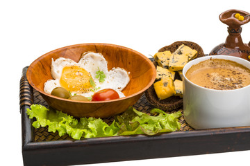 Breakfast with coffee, egg and cheese