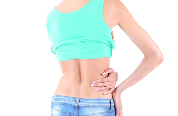 Back pain in young girls isolated on white