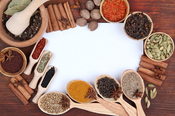 Various spices and herbs with empty white blank for recipe