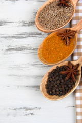Various spices and herbs on table close up
