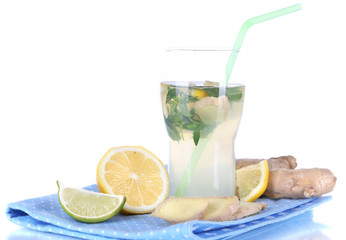Glass of cold tea with ginger on napkin isolated on white