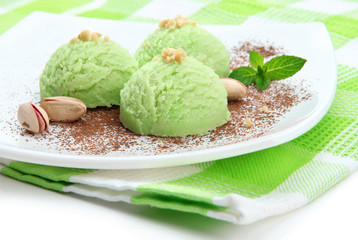 Delicious ice cream on plate close-up