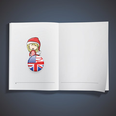 Girl with Santa Claus costume holding a english pin