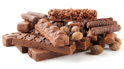 Delicious chocolate bars with nuts isolated on white