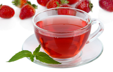 Delicious strawberry tea isolated on white