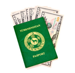 Turkmenistan passport and money isolated on white background