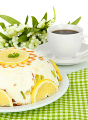 Delicious jelly cake on table on white background