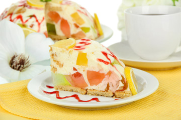 Delicious jelly cake on table close-up