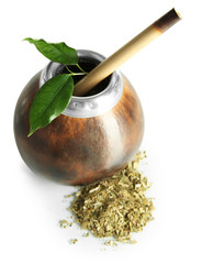 Calabash and bombilla with yerba mate isolated on white
