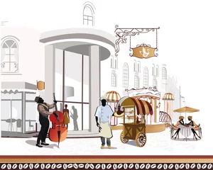 Wall murals Illustration Paris Series of street cafes with a musician and a cook