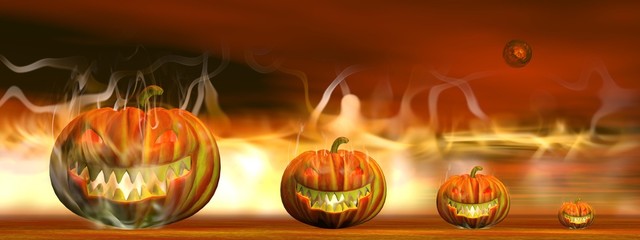 Halloween pumpkins in fire - 3D render
